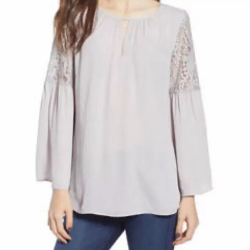 Chelsea28 Light Gray Lace Sleeve Blouse